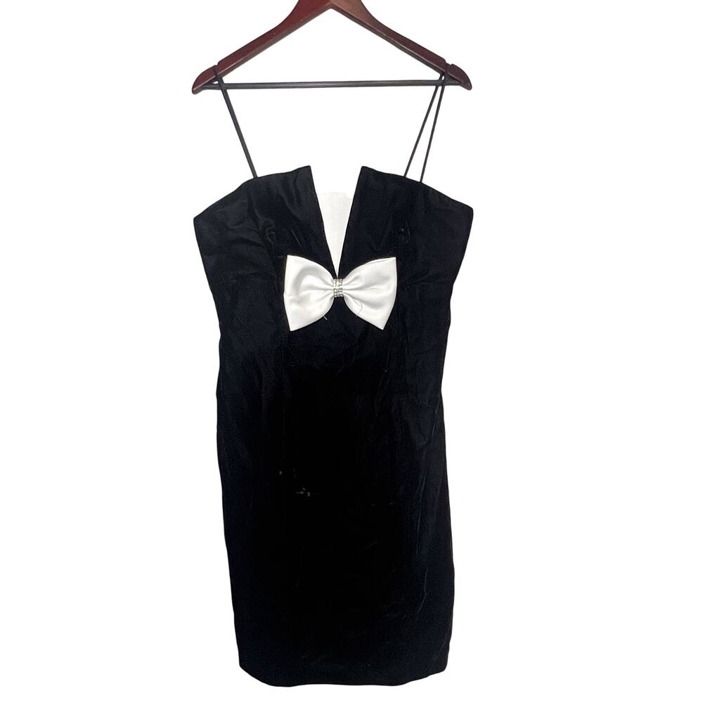 Alex Evenings Dress Size 12 Black Velvet White Bow Rhinestones Sleeveless USA